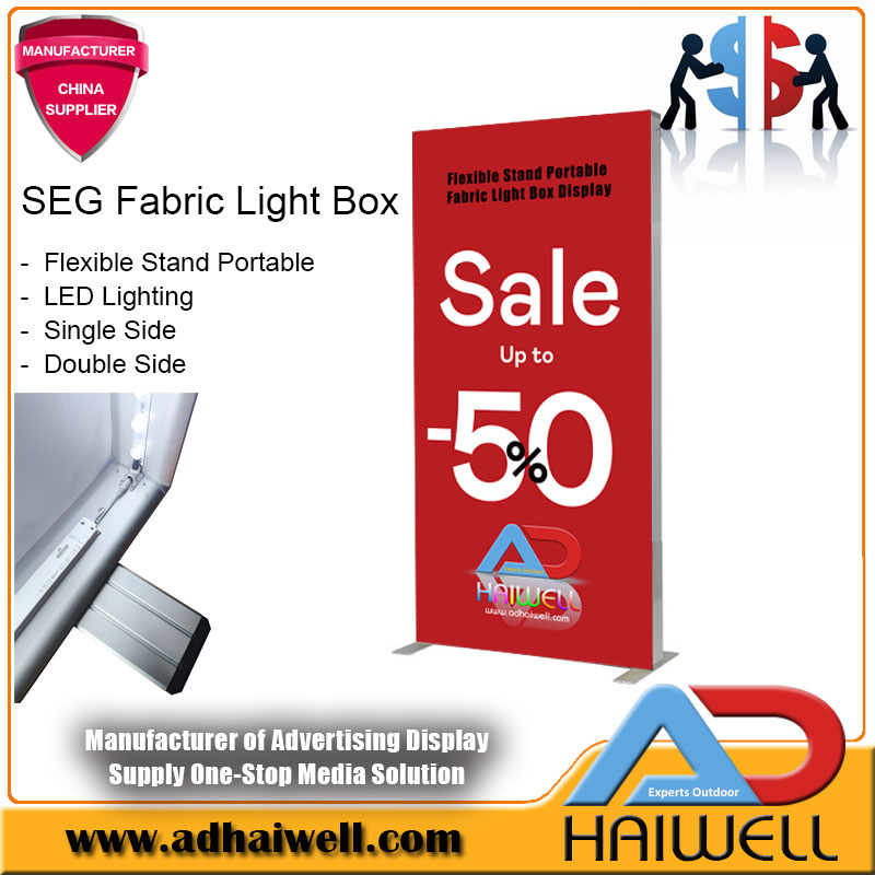 Display con scatola luminosa a LED in tessuto SEG portatile con supporto flessibile